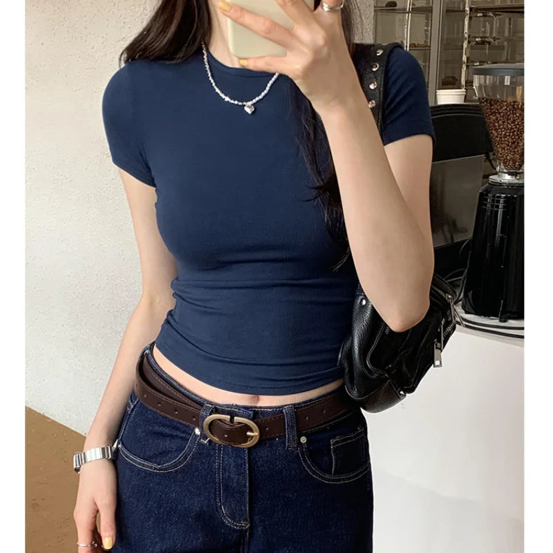 New Fashion Sheathy Short Sleeve T-shirts Womens Casual O-neck Slim Crop Top Ladies Solid Color Basic Summer Tees Tops