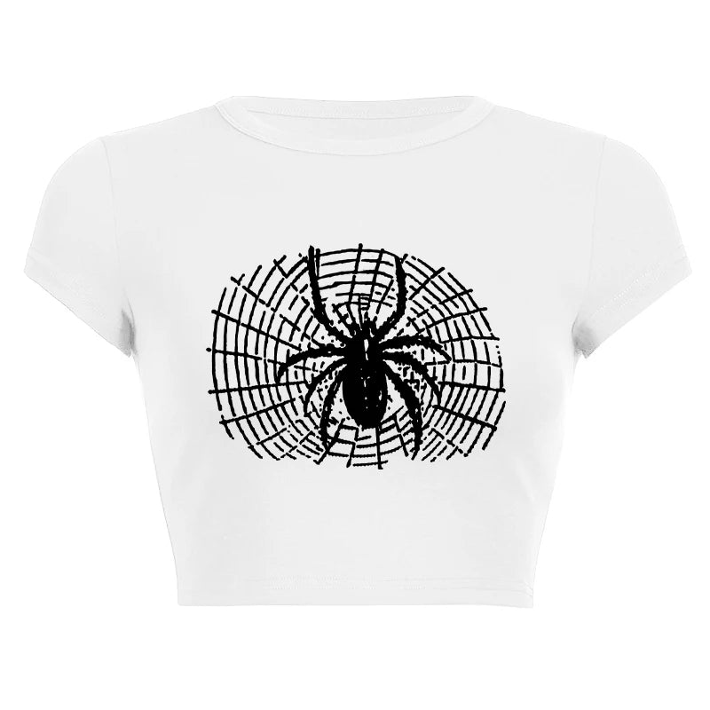 Aesthetic 2023 Gothic Crop Tops Y2k Women's Harajuku O Neck Short Sleeve T-shirts Spider Web Graphic Punk Grunge Fairy Baby Tees