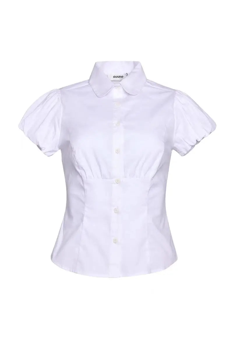 Guizio white short sleeved shirt with cinched waist and bubble sleeves, designed with Bella beer girl's retro half skirt