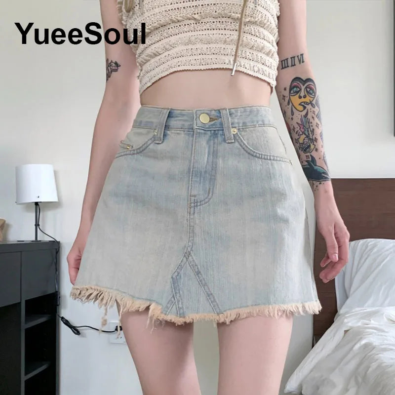 Blue Denim Skirt  A-Line High Waist Mini Skirt 2024 New Summer Y2K 2000s High Street Sexy Kawaii Cute Skirts for Women