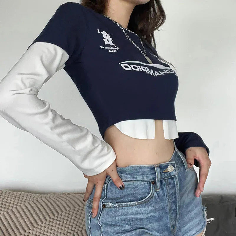 Blue Fake Two Short T-Shirts Street Fashion Y2k Long-Sleeved Navel Crop Top Female 2024 Casual Trend Tee Spring Women's Clothing