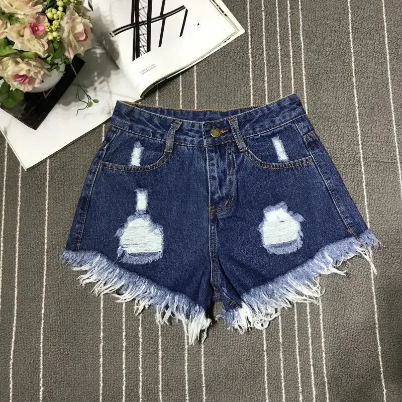 New Shorts Female Casual High-waisted Denim Shorts Female Summer Pocket Tassel Ripped Ripped Jeans Female Short Style Soft