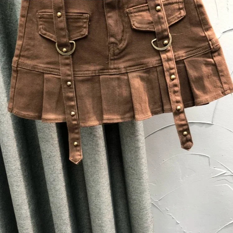 Fashion Rivet Pleated Mini Skirt Brown High Waist Fake Pocket Slim A Line Denim Skirt for Women Summer Red Black Blue Skirts