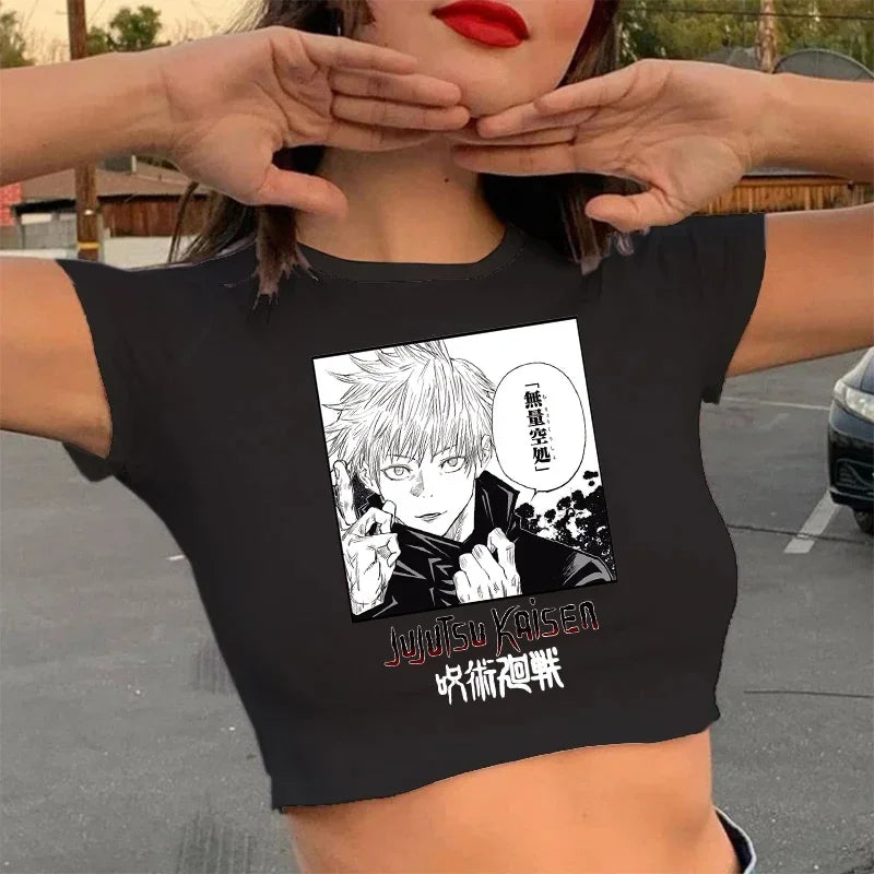 Japanese Anime Tshirt Jujutsu Kaisen T Shirt Women Gojo Satoru Crop Tops Yuji Itadori Graphic Tees Manga Cool T-shirt Clothes