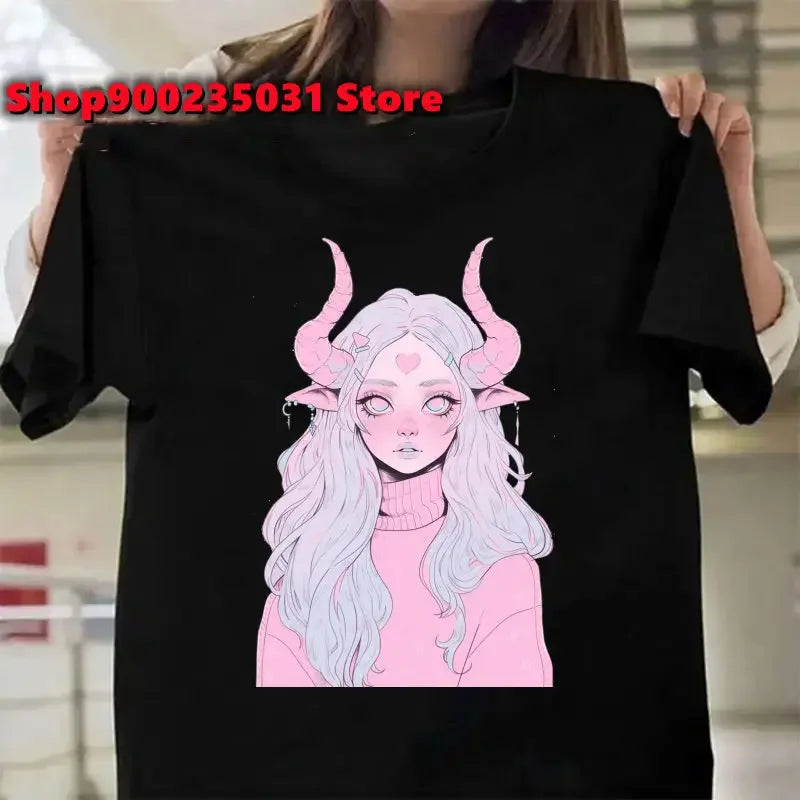 New Pink Demon Girl T-Shirt Streetwear Y2k Graphic Angel T-Shirt Harajuku Summer Women Aesthetic Oversized Outfit Tee Shirt