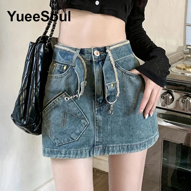 Blue Denim Skirt  A-Line High Waist Mini Skirt 2024 New Summer Y2K 2000s High Street Sexy Kawaii Cute Skirts for Women