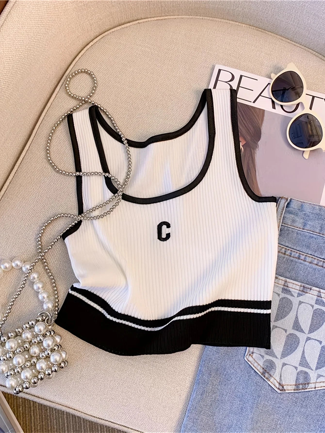 ElasticLetter Print Rib-knit Colorblock Tank Top Camis Knitted Casual Sleeveless Crew Neck Top Women's Clothing Crop Top