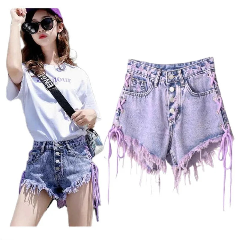 Purple Tassel Jean Shorts Lace-Up Denim Shorts Women's Summer High Waist Breasted Raw Edge A-Line Wide-Leg Hot Pant