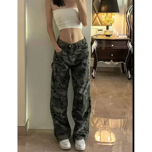 Women's Camouflage Cargo Pants American Style Vintage Hip Hop Fashion Trendy Brand Ins Casual Jeans Streetwear For Summer