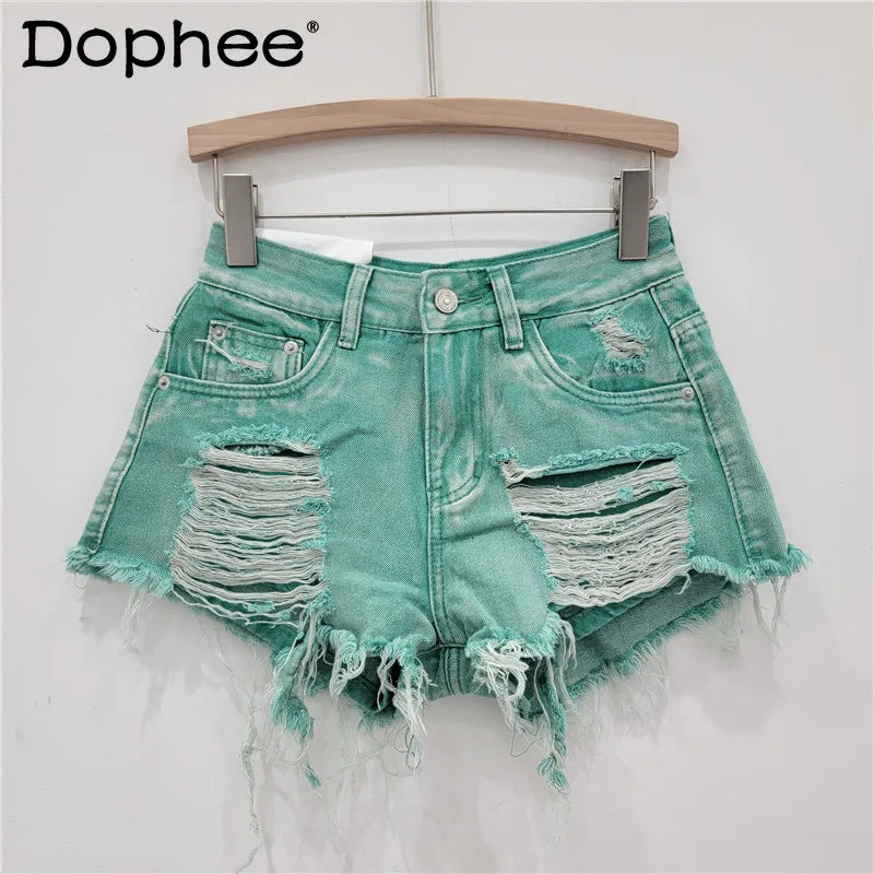 Street Style Ripped Denim Shorts Sexy All-Matching Wide Leg A- Line Frayed Ultra Short Hot Pants Jean Shorts Women Clothing