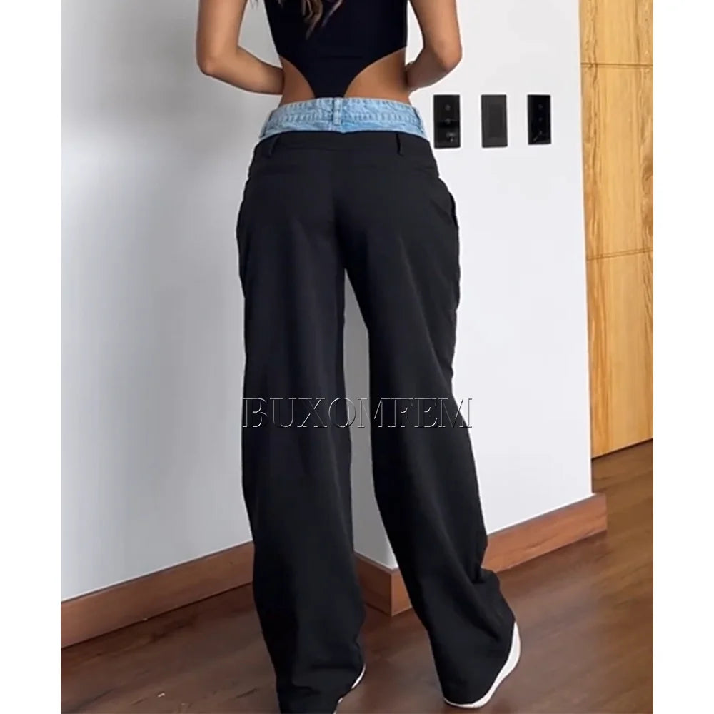 Retro High Waisted Color Matching Loose Jeans for Women, Hip-Hop, Trendy, Full-Length Straight Pants, Y2k Style, New Bottoms