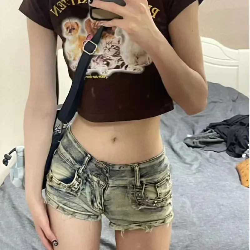 Low-waist Denim Shorts for Women Slimming Hip Wide-leg Hot Pants for Women Plus Size Fat Mm Summer New American Hottie Liuding