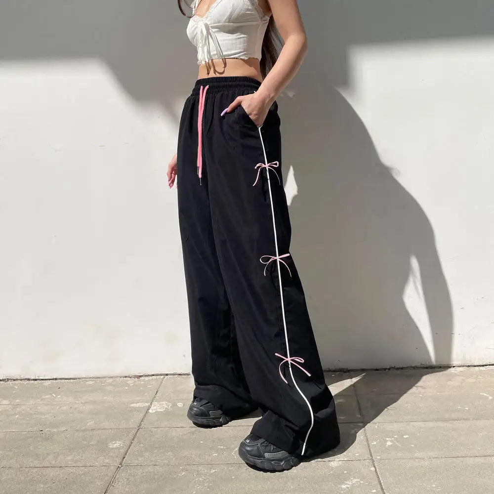 Quick-drying thin bow lace-up elastic waist woven pants women's all-in-one high waist wide leg straight trousers