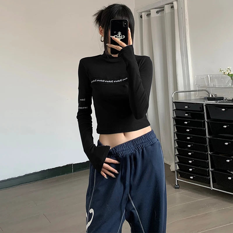 Lygens Women Clothes T-Shirt Letter Long Sleeve Slim O-Neck Casual Streetwear Daily Fashion Outfit Spring Summer Crop Top