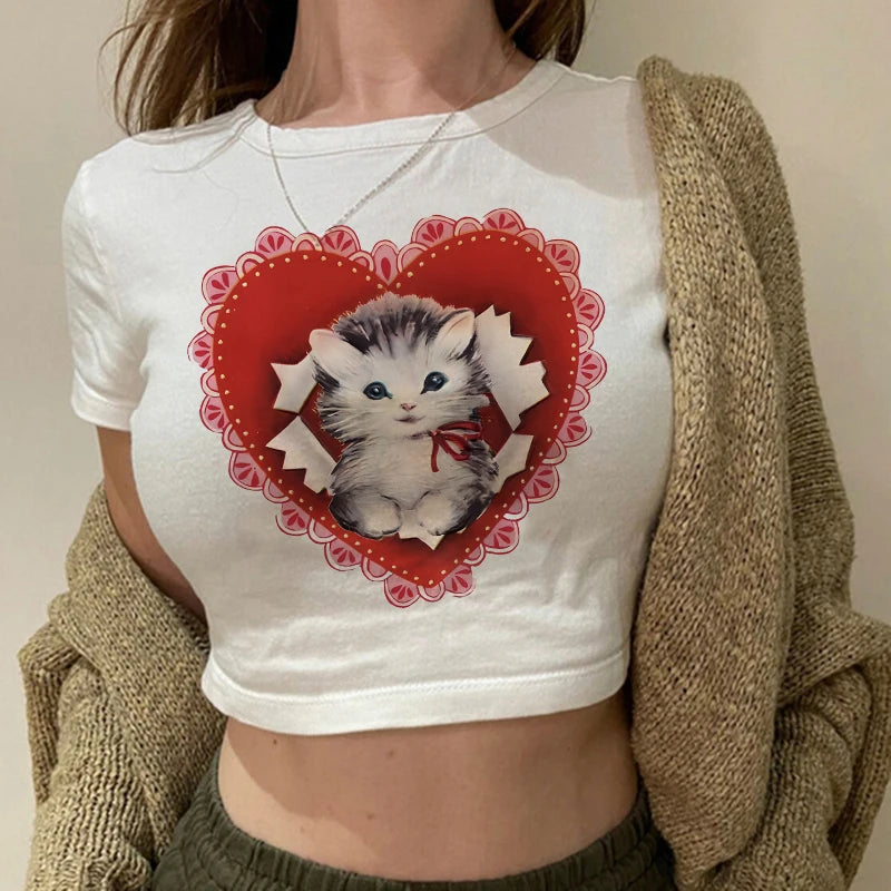 Women 2000s Sweet Funny Cat T Shirt Crop Top Women Shirt Cropped Ulzzang T-shirt 90s Tshirt Top Tee Female Gothic Shirt