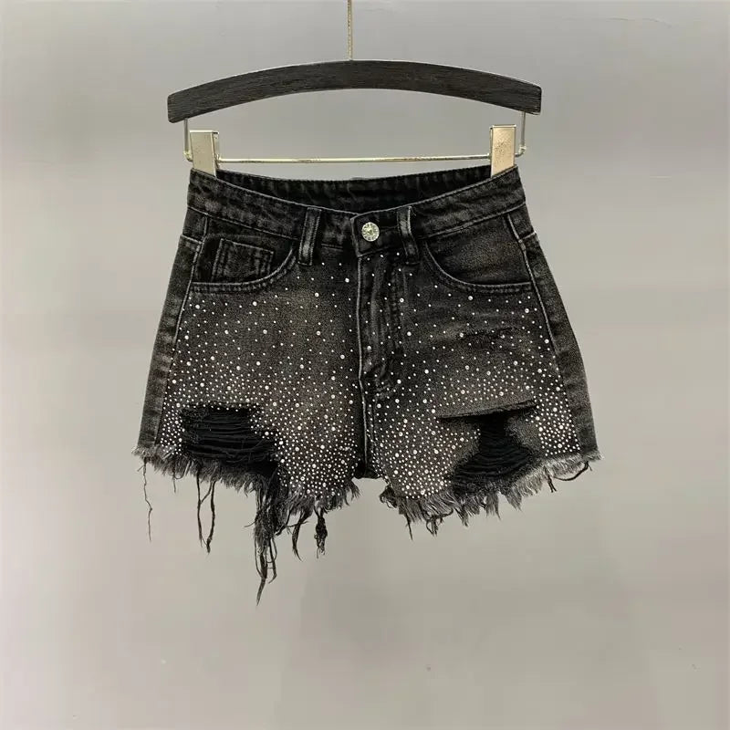 Heavy Industry Ripped Denim Shorts Women's Hot Pants 2024 New High Waist Slimming European Goods Color Rhinestone Wide Leg Pants