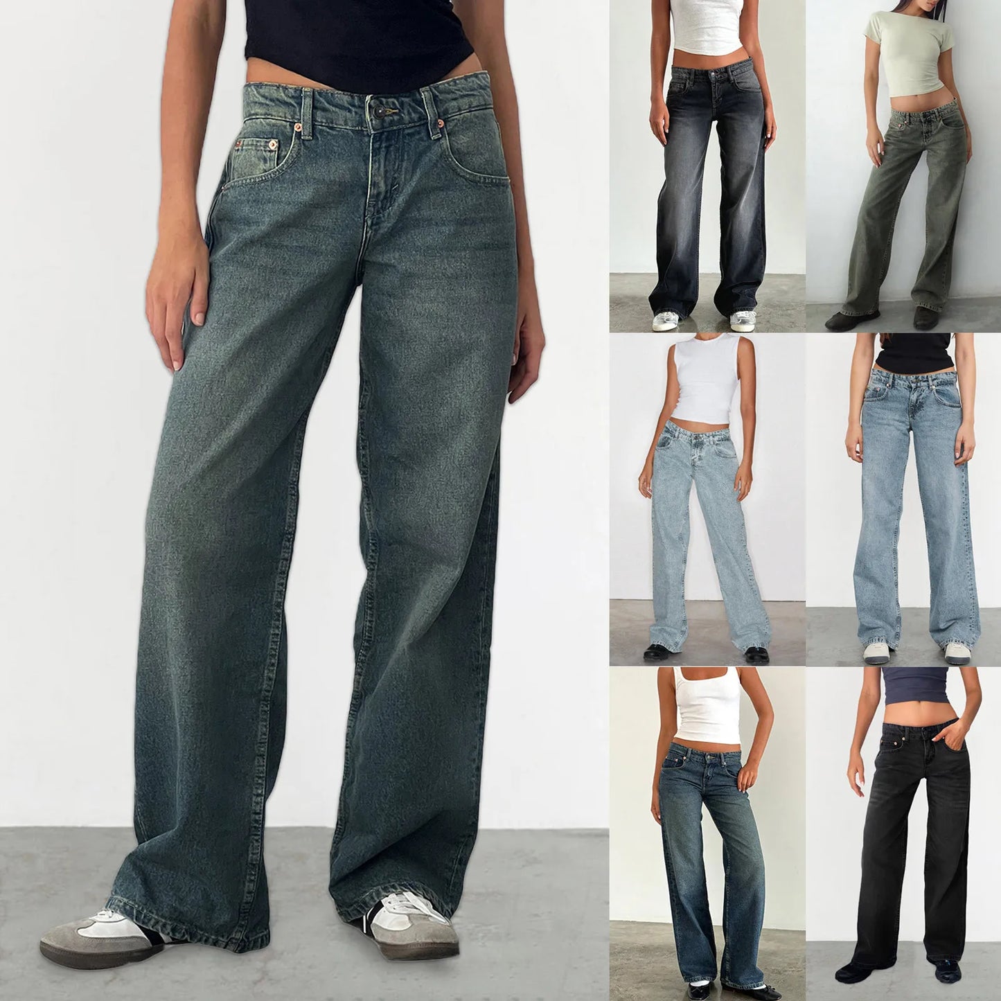 Jeans vintage feminino fashion cintura baixa jeans solto reto perna larga calças casuais com bolsos parte inferior casual para mulheres bumbum levantado