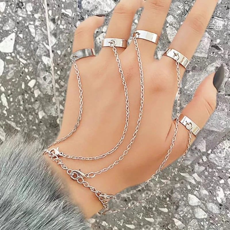 Metal Cool Cyberpunk Geometric Premium Feel Chain Wrist Rings Bracelet Charming Hip Hop Chain Open Rings Set Fashionable Jewelry