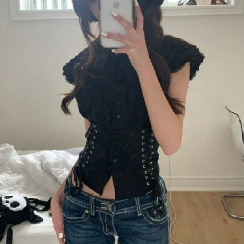 Dourbesty Chic Bandage Crop Top Y2k Vintage Grunge Black T-Shirts Women Button Slim Croset Aesthetic Punk Style Gothic Bustiers