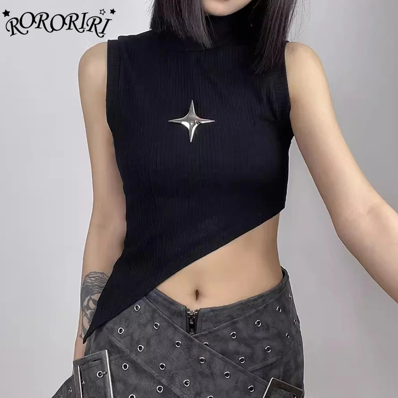 RORORIRI Star Y2k Turtleneck Sleeveless Vest Women Retro Black Solid Asymmetric Tank Top Summer T-shirt Gothic Punk Y2k Clothes