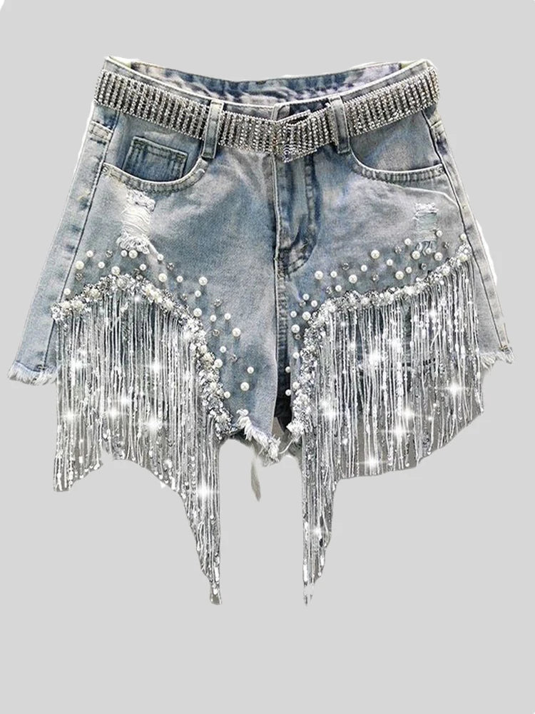 Waist Beads Tassel Women's Denim Shorts Summer Beading Wide Leg Thin Oversized Jeans S-5xl Size Korean Streetwear Women Clothes