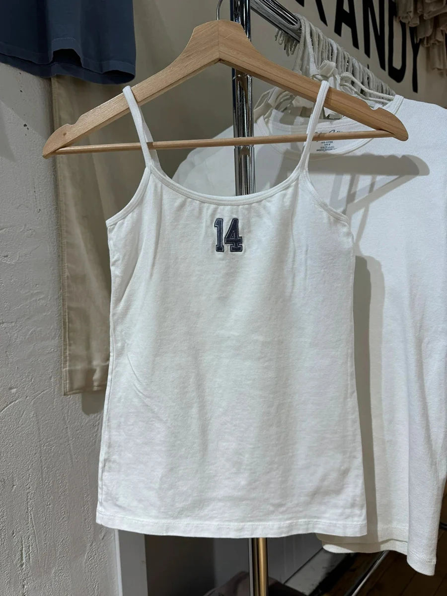 Novo 14 Bordado Slim Tank Top Feminino Primavera Casual Sem Mangas Algodão Branco Estilo Preppy Camis Feminino Bonito Doce Colete Y2K Tops