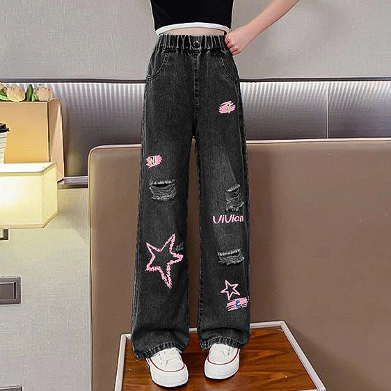 Girls, middle and large kidsren's summer creative five-pointed star denim wide-leg pants