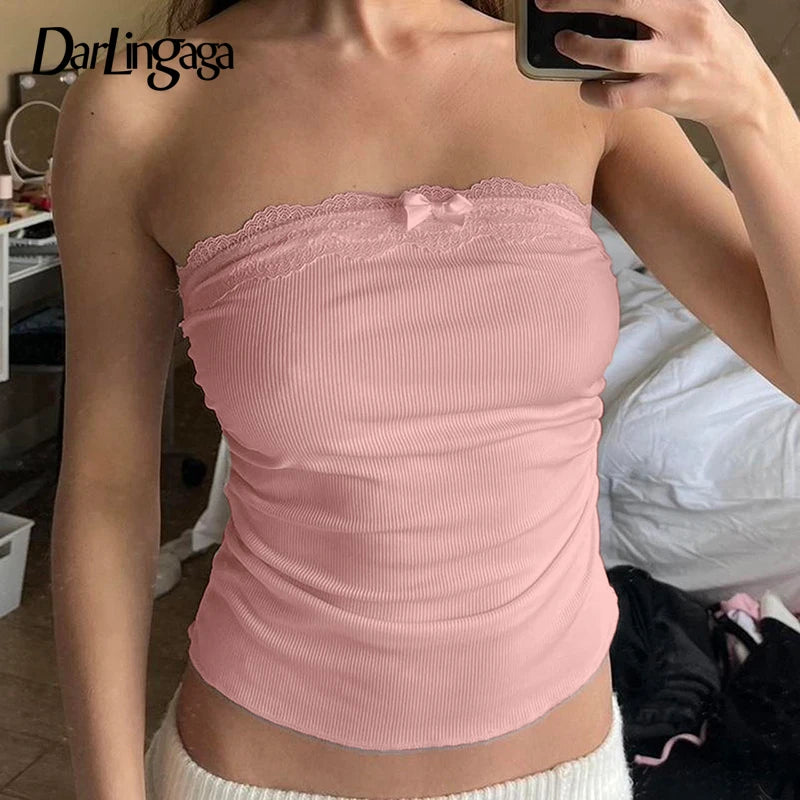 Darlingaga Pink Lace Spliced Sweet Summer Tube Top Folds Bow Korean Style Crop Tops Women Bandeau Strapless Coquette Clothes Y2K