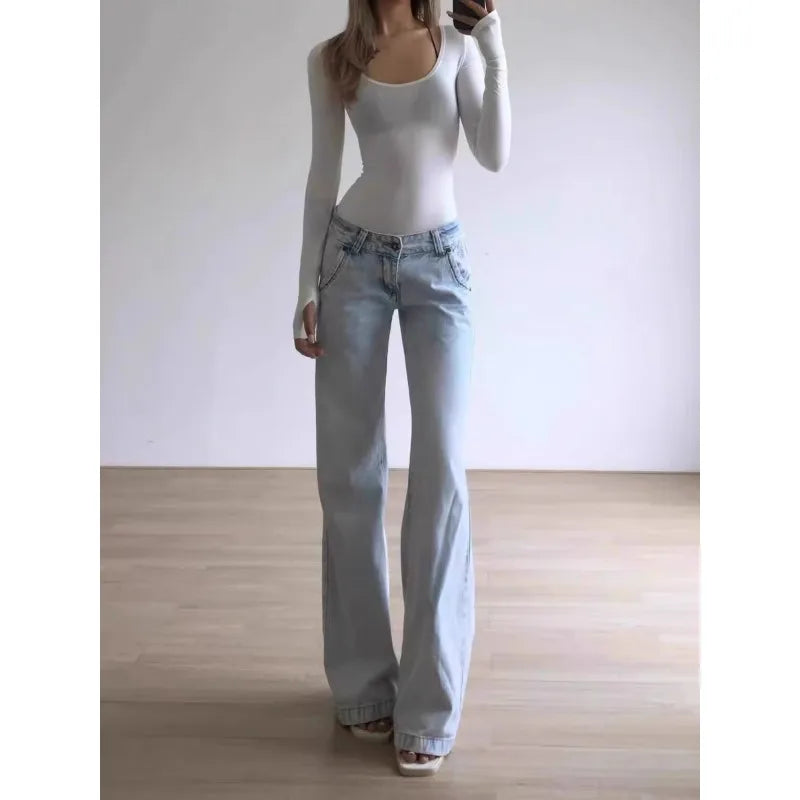 Women Autumn Winter Simplicity Loose Solid Color High Waist Appear Thin Wide Leg Women Clothes Fashion All-match Cowboy Pants