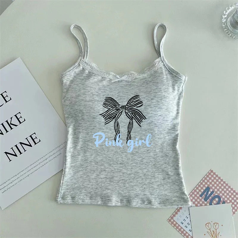 Summer Sweet Bow Tie Print Women's Crop Tops Sexy  Sleeveless Shirt Women Y2k Top Shoujo Girl Aesthetic 2024 Tops for Women