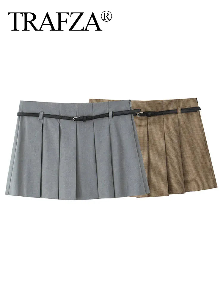 TRAFZA Moda Feminina Culottes A-Line Slim Lateral Zíper Fly Mini Shorts Feminino Selvagem Com Cintos Mulher Saia Plissada Calça Curta Y2k