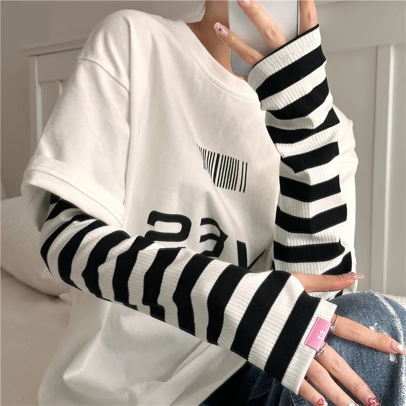 Women Striped Sunscreen Sleeve Summer Driving Riding Oversleeve Punk Gothic Fashion Loose Arm Warmer Outdoor Cuff Sleeve