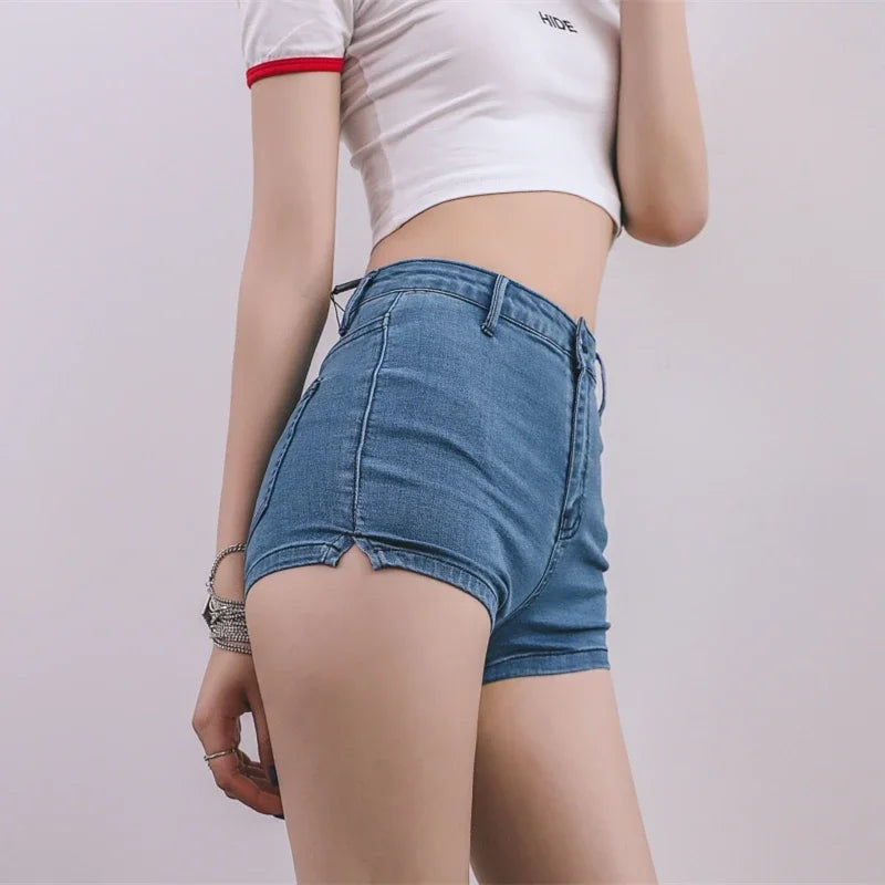 Summer 2024 women high elasticity denim hot shorts female denim casual shorts  High waist Split Hem denim shorts for women