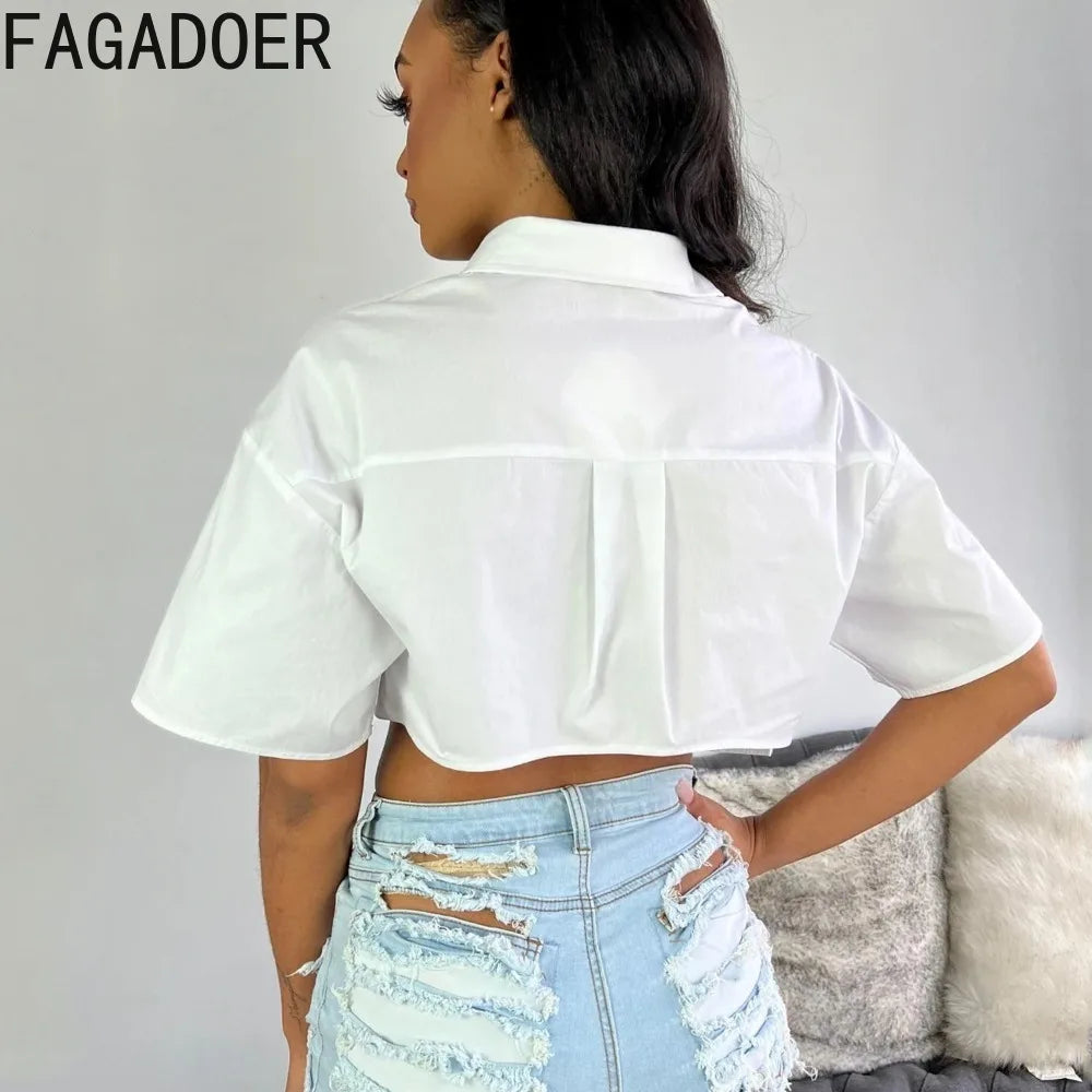 FAGADOER White Casual Solid Irregular Shirts Women Turndown Collar Button Short Sleeve Loose Crop Tops Fashion Female Streetwear