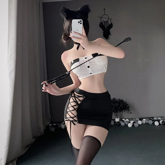 Sexy Female Secretary Costume Cosplay Wrap The Chest Top Mini Skirt Lingerie Office OL Uniform Role Play Couple Sex Game Outfits