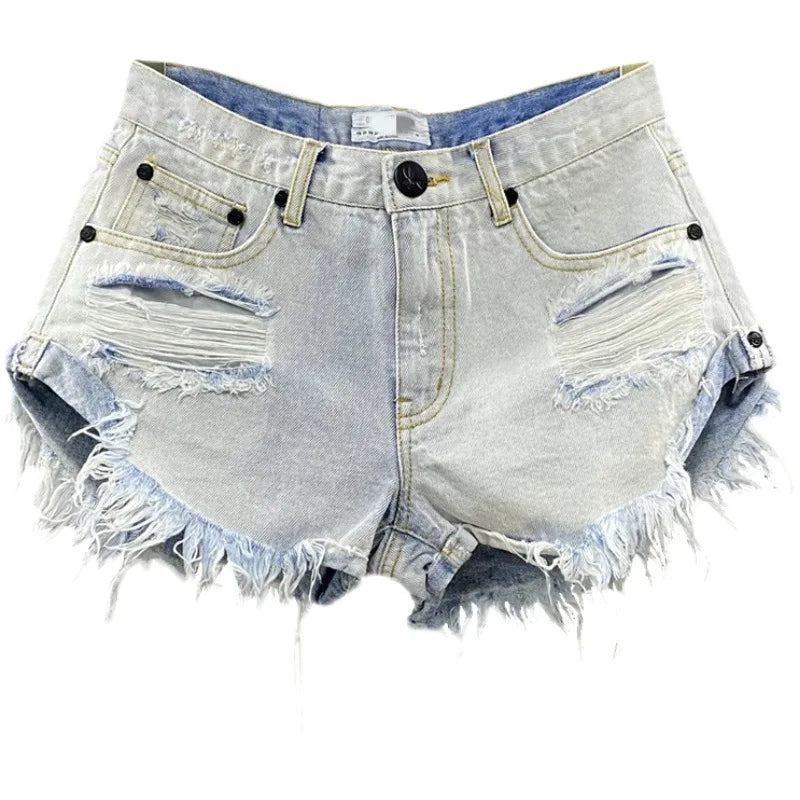 2025 New Summer Women's Sexy Low-waisted Jeans Denim Shorts Hole A Wide-leg Pants Ripped Jeans 4 colors