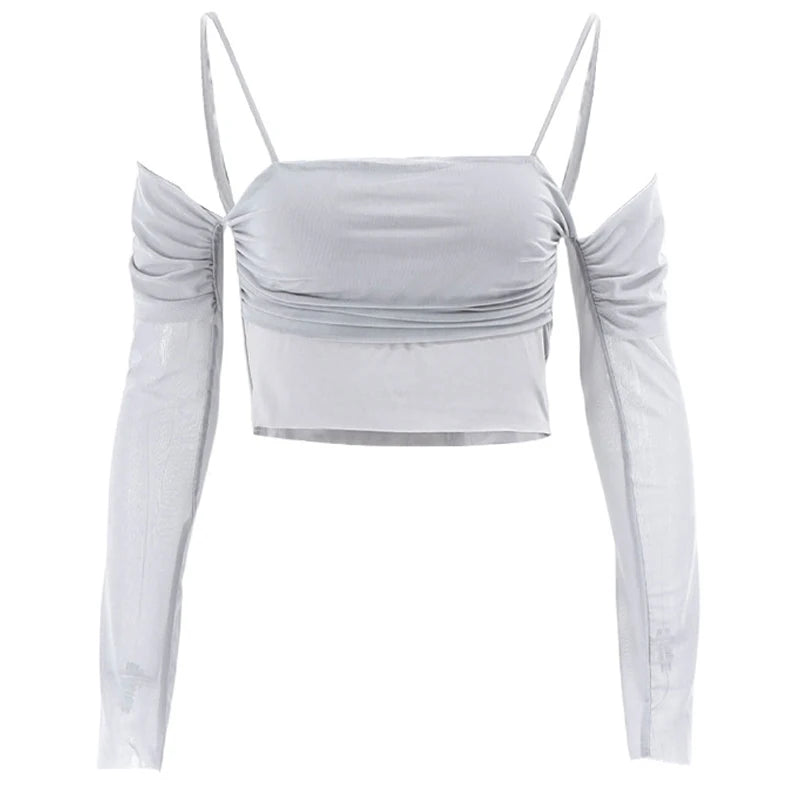 See Through T-shirts Crop Tops 2024 Sexy Women Long Sleeve Slash Neck Off Shoulder Y2K Clubwear T-shirt