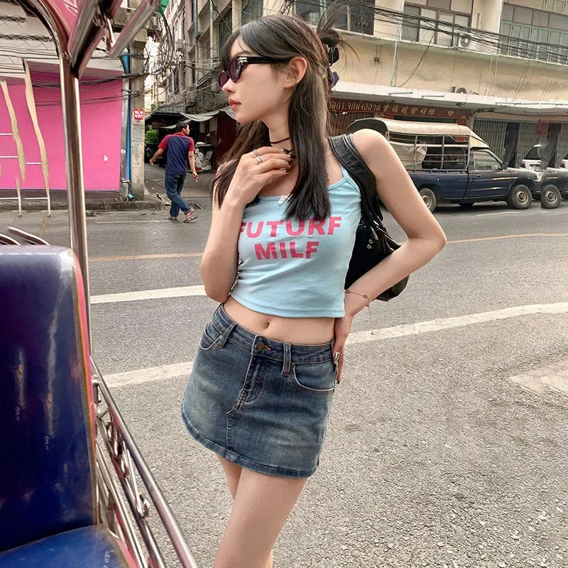 Vintage Sexy Denim Mini Skirt A- Line Waist High Waist Elastic Waist Female Summer 2024 New Arrival Packed Hip Half Skirt