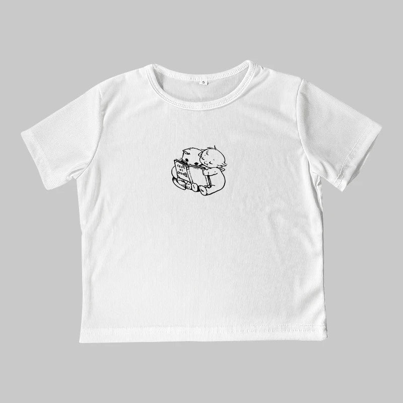 Summer new American retro cute little angel cat print short round neck top BM spicy girl short sleeved T-shirt