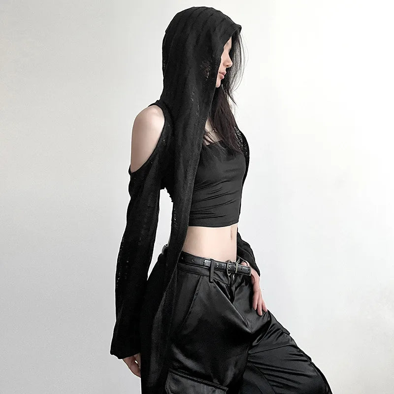 Goth Dark Open Shoulder Techwear Y2k Crop Cardigans Mall Gothic Hooded Sexy Women Crop Tops Punk Grunge Buckle Streetwear Shirts