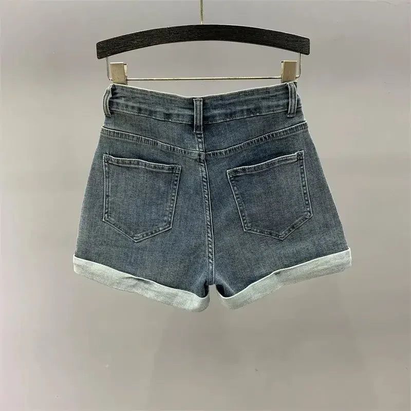 CINESSD Simple Retro High Waist Denim Shorts 2023 New Personalized Pocket A- line Wide Leg Pants Slimming Curling Hot Pants