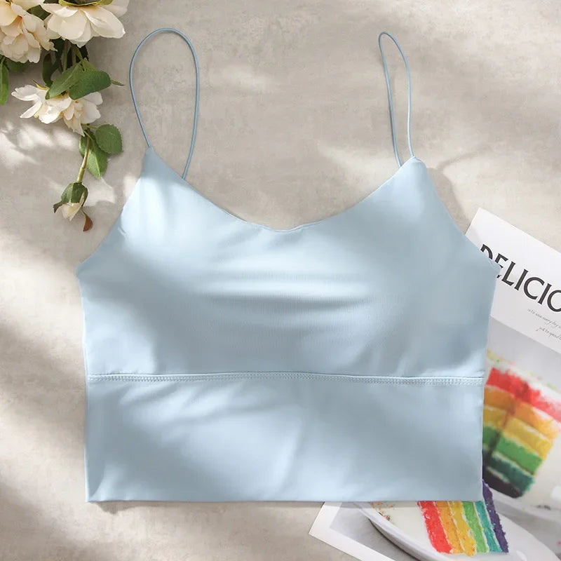 New Summer Ice Silk Vest Top Women Sexy Built In Bra Off Shoulder Sleeveless Camisole Underwear Crop Tops Sports Spaghetti Strap