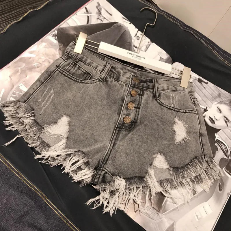 High Waist Tassel Broken Denim Shorts Women Summer Korean Version Raw Edge Wide Leg Loose Plus Size Jean Shorts Female