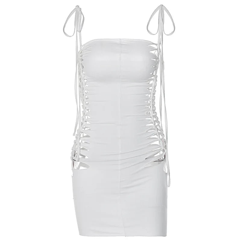 Sexy Hollow White Mini Short Dress For Women Solid Sleeveless Y2k Club Clothes 2023 Summer Bandage Vestido Feminino Robe Femme