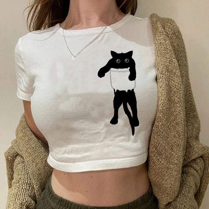 Women 2000s Sweet Funny Cat T Shirt Crop Top Women Shirt Cropped Ulzzang T-shirt 90s Tshirt Top Tee Female Gothic Shirt