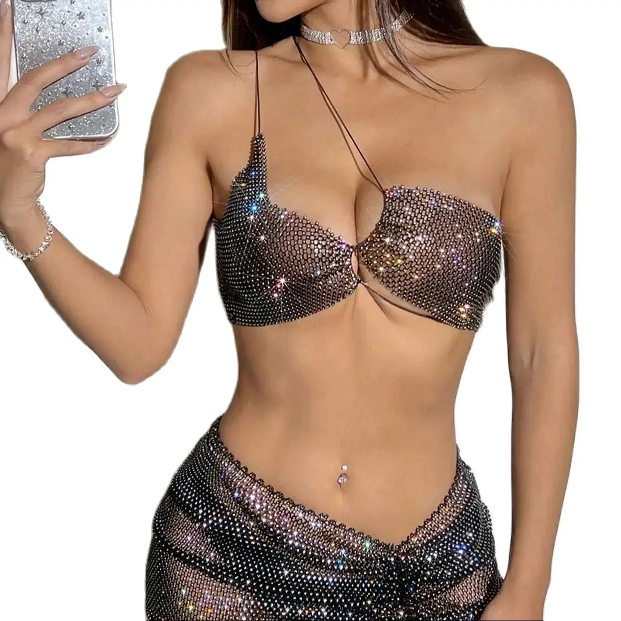 Design Um ombro sem costas camisola brilhante strass transparente malha oca arrastão regata boate festa top curto