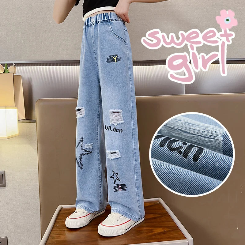 Girls, middle and large kidsren's summer creative five-pointed star denim wide-leg pants