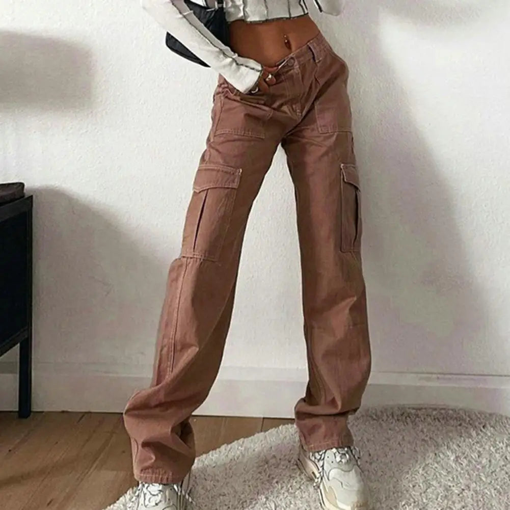 Women Cargo Pants High Waist Solid Color Loose Multi Pockets Full Length Soft Breathable Casual Streetwear Lady Trousers Khaki