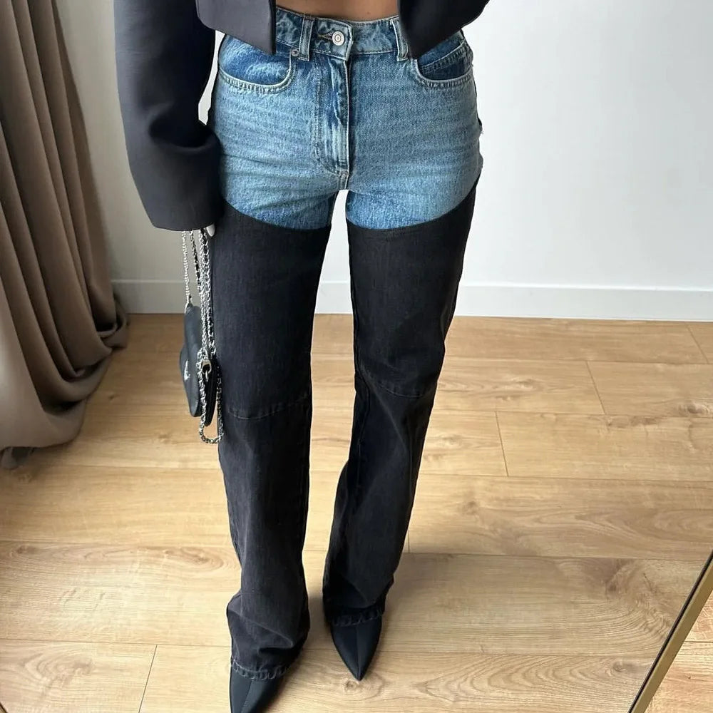 Women's 2025 New Denim Jeans Fashion Spliced Color High Waist Straight Female Pants Highstreet Trend Slim Female Clothing ﻿