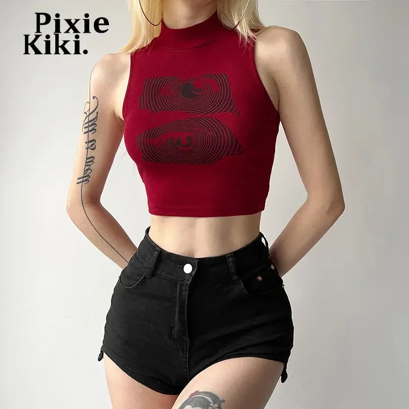 PixieKiki Red Graphic Crop Tops Y2k 2000s Moda Regatas para Mulheres 2023 Verão Camisetas Sem Mangas P71-AG12